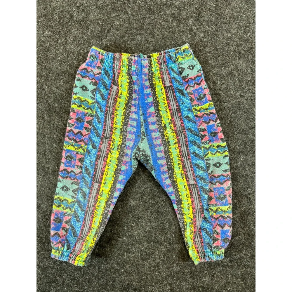 Vintage Kids Multi Color Geometric Abstract Print Fleece Joggers Pants 90s Surf